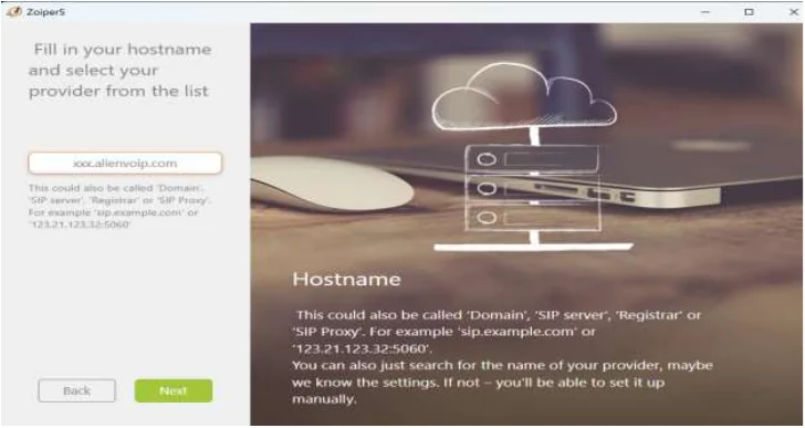 Zoiper 5 PBX hostname entry screen