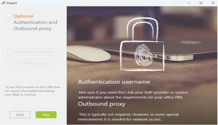 Zoiper 5 optional authentication username and outbound proxy screen