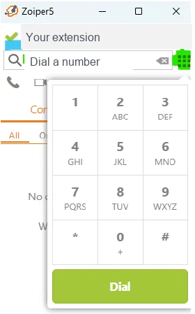 Zoiper 5 dial pad and green registered indicator with account identity masked